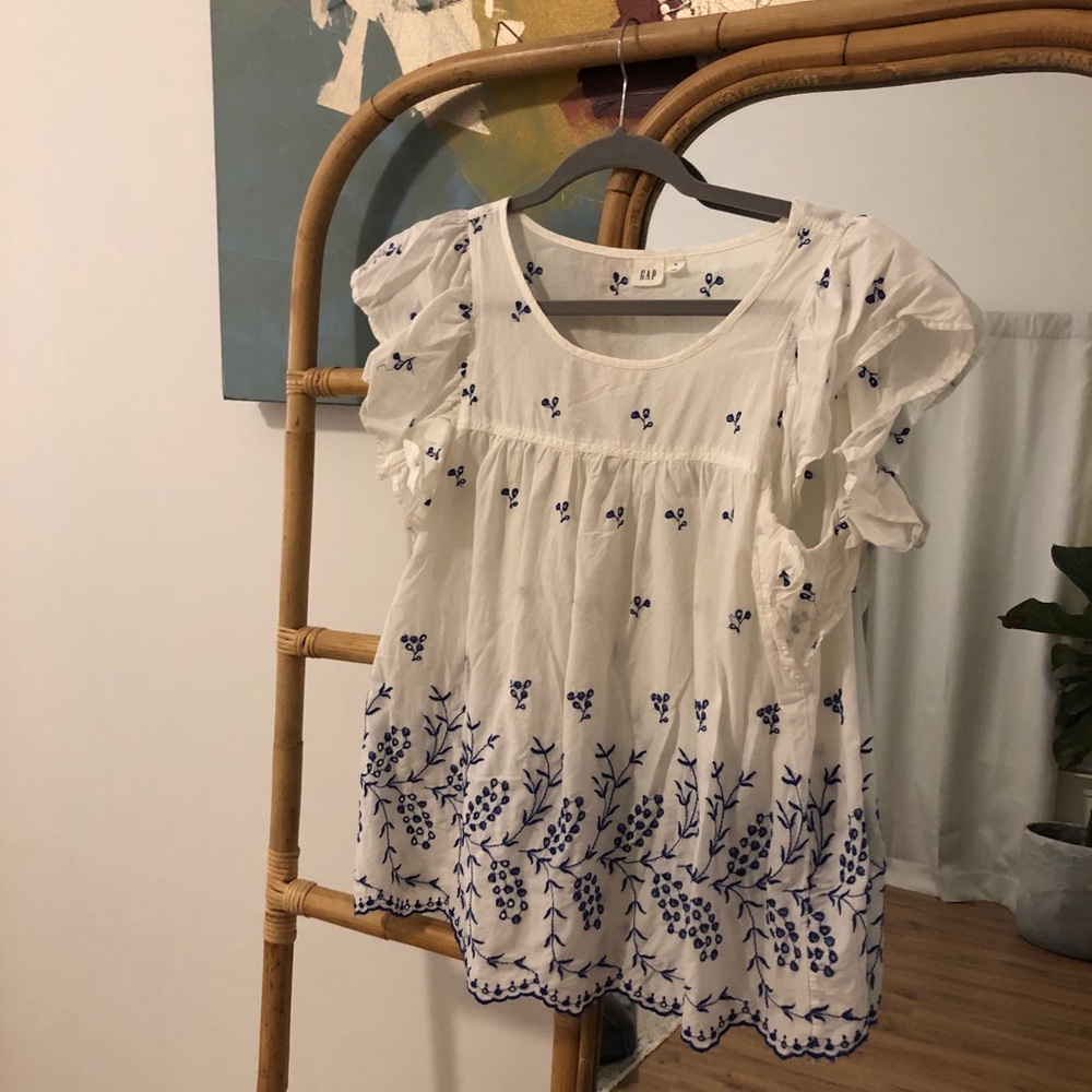 GAP Blue and White Cotton Scalloped Blouse